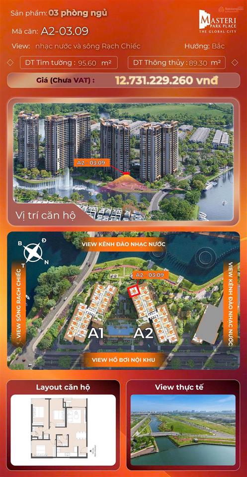 Giá tốt 3pn masteri park place  view nhạc nước & sông  95.6m²  chỉ 12.3 tỷ