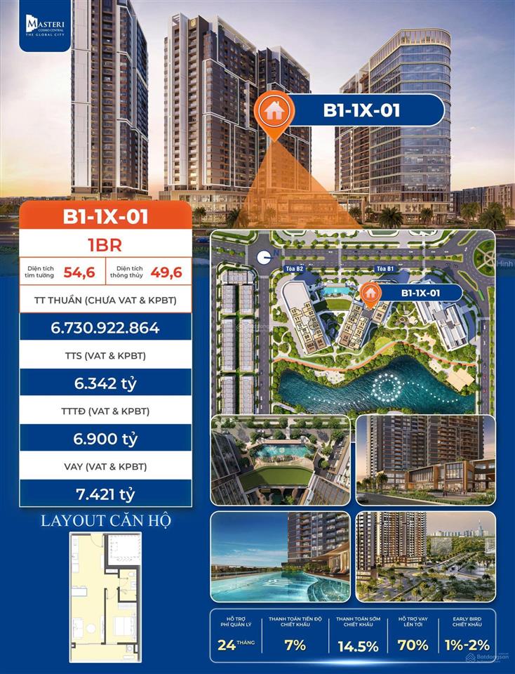 1pn masteri cosmo central  view công viên hồ bơi  diện tích lớn 54.6m2  giá tốt chỉ 5.662 tỷ