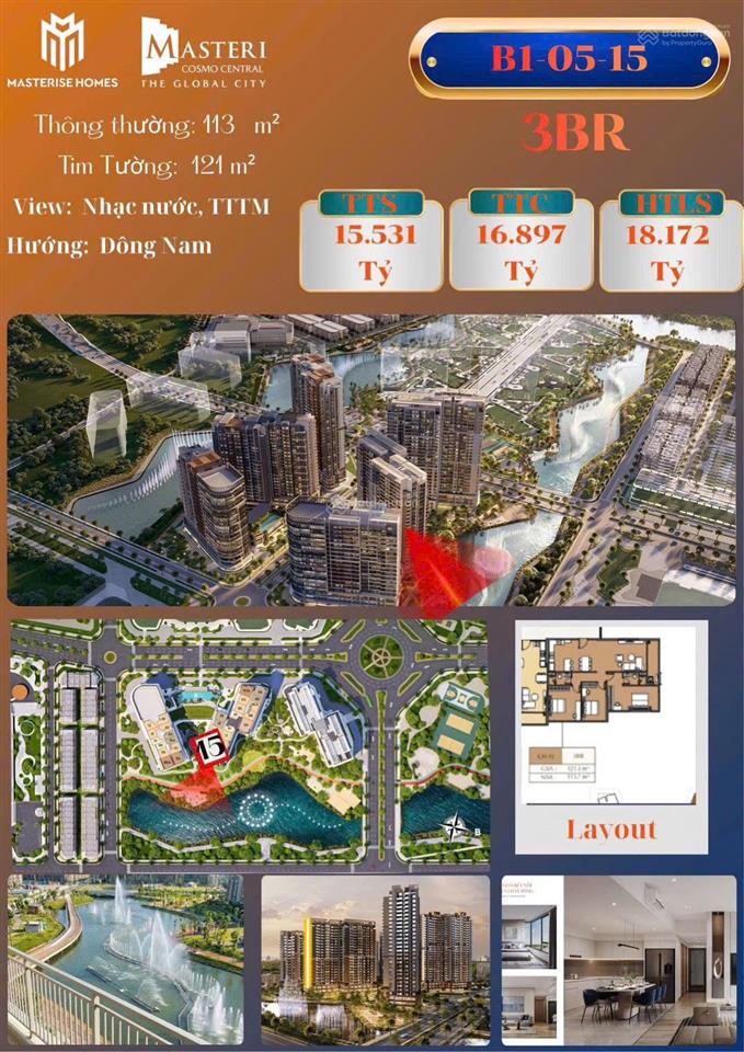 Nàng hậu masteri cosmo central 3pn dt lớn 121m² giá rẻ hơn 10% chỉ 15,5 tỷ