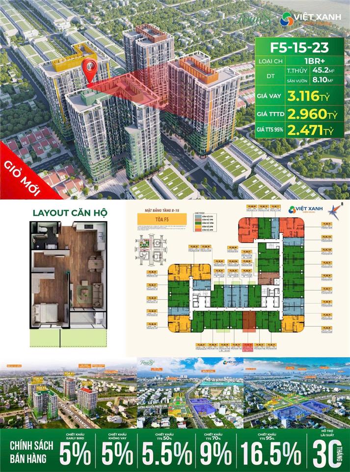 Căn hộ sân vườn f51523 tầng 15 chỉ 2.471tỷ (46tr/m2), tt 25% 750tr sở hữu ngay, miễn lãi 30 tháng