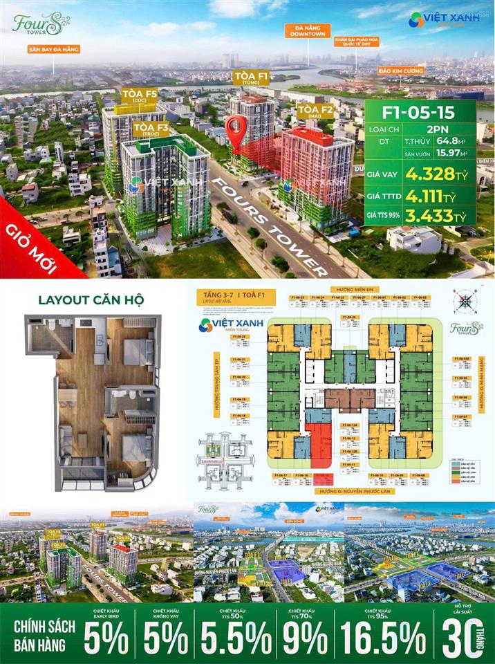 Căn góc 2pn sân vườn toà f1 tầng trung fours tower 80,8m2 chỉ 3.4** tỷ,ht vay 70%,miễn lãi 30 tháng
