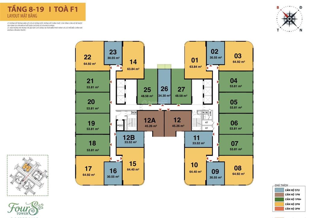 Căn góc 2pn sân vườn toà f1 tầng trung fours tower 80,8m2 chỉ 3.4** tỷ,ht vay 70%,miễn lãi 30 tháng