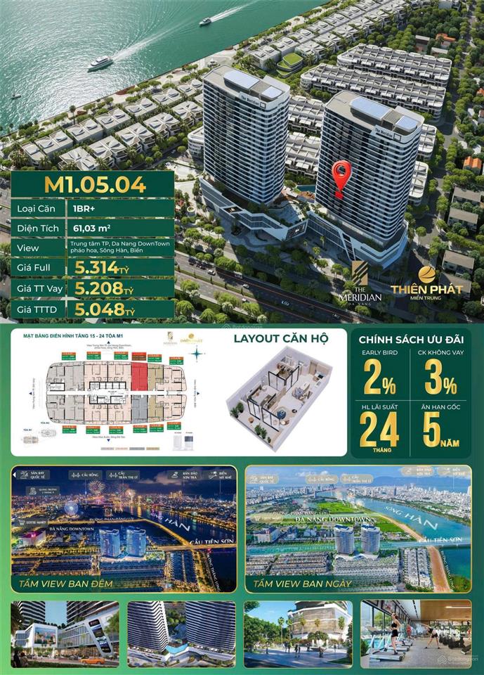 [hàng hiếm] căn 1pn + 60m2 m1.05.04 the meridian đà nẵng  view trực diện danang downtown