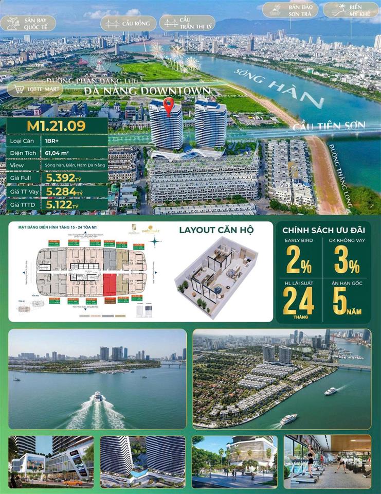 Căn hộ view sông m1.21.09 tầng 21 the meridian đà nẵng  60m2 cho thuê 25tr/tháng