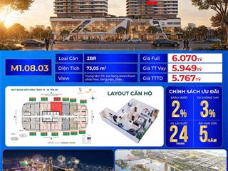 Căn 2 phòng ngủ 73.05 m2 view thành phố, sông hàn, danang downtown / tầng 8 the meridian đà nẵng