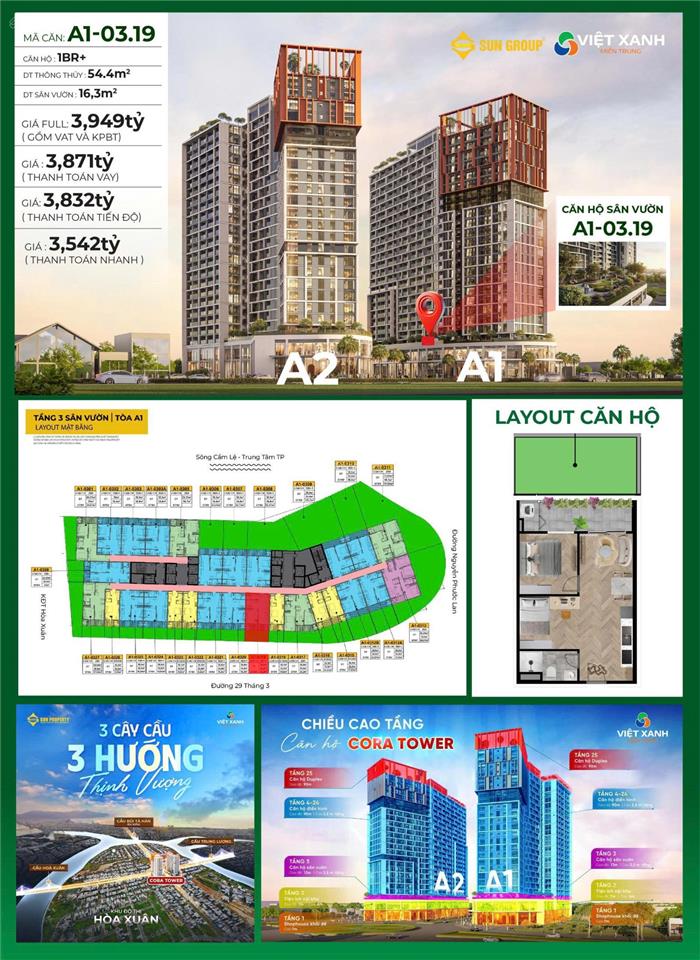 Hot! căn hộ sân vườn tầng 3 a1  03.19 (54.4m² + sân vườn 16.3m²)cora tower hòa xuân