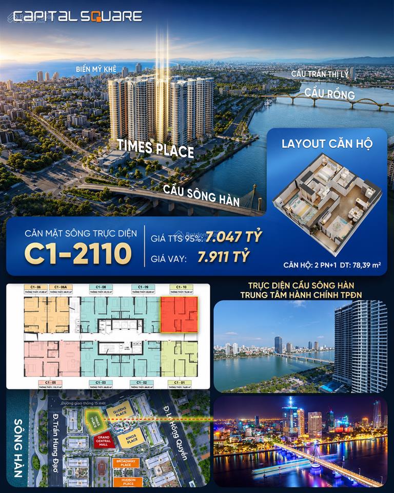 Độc quyền căn c12110 (2pn+1) toà times place vị trí đắc địa 78,39m² chỉ 7 tỷ view cầu sông hàn