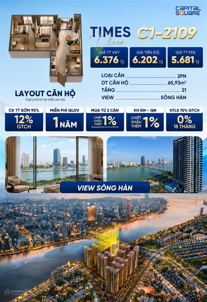 Căn 2pn đẹp nhất capital square c12109 65,93m² view sông hàn giá chỉ từ 5,681 tỷ