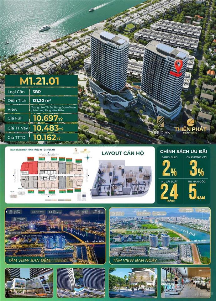 Căn góc vip 3pn meridian trực diện danang downtown & sông hàn  121.2m2 3pn  2wc ban công panorama