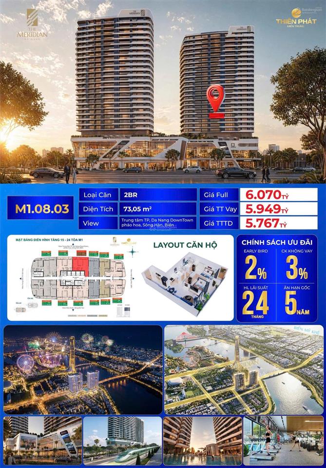 Chỉ 6.07 tỷ sở hữu trọn đời căn 2pn m1.08.03 73,05m² view pháo hoa, sông hànbooking early bird 2%