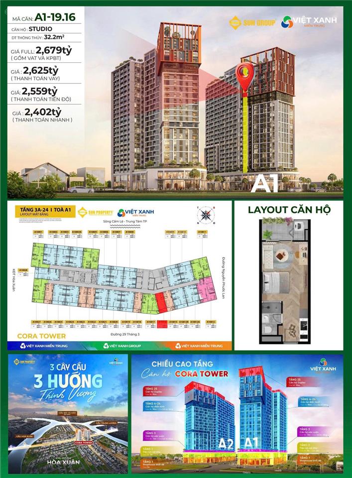 Chỉ 2.x tỷ (full giá)  sở hữu căn hộ sun cora tower  sổ hồng lâu dài  trung tâm hoà xuân