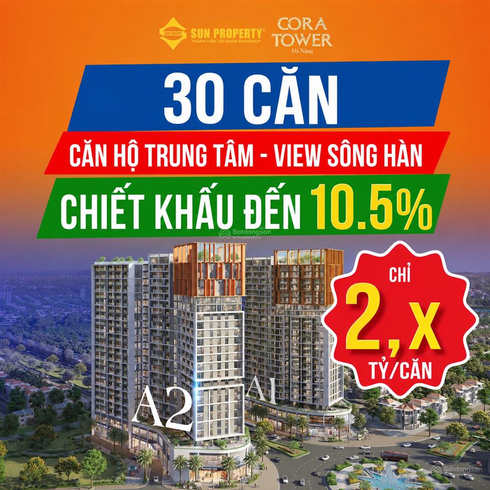 Chỉ 2.x tỷ (full giá)  sở hữu căn hộ sun cora tower  sổ hồng lâu dài  trung tâm hoà xuân