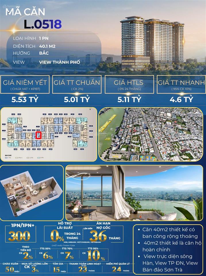 Căn hộ 1pn the legend view sơn trà l.0518 40,1m² htls 0% 24th giá chỉ 4,6 tỷ accord vận hành