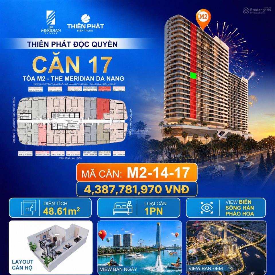 Nổi bật căn hộ 1 phòng ngủ view pháo hoa tại the meridian m21417 48,61m2 4.3 tỷ