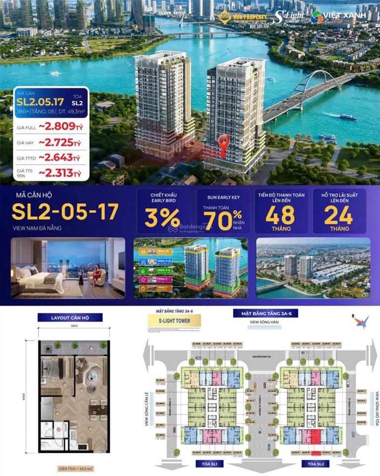 Căn 1pn + s  light tower view nam đà nẵng giá 2,3tỷ, hỗ trợ ls vay 24 tháng, thanh toán 817 triệu