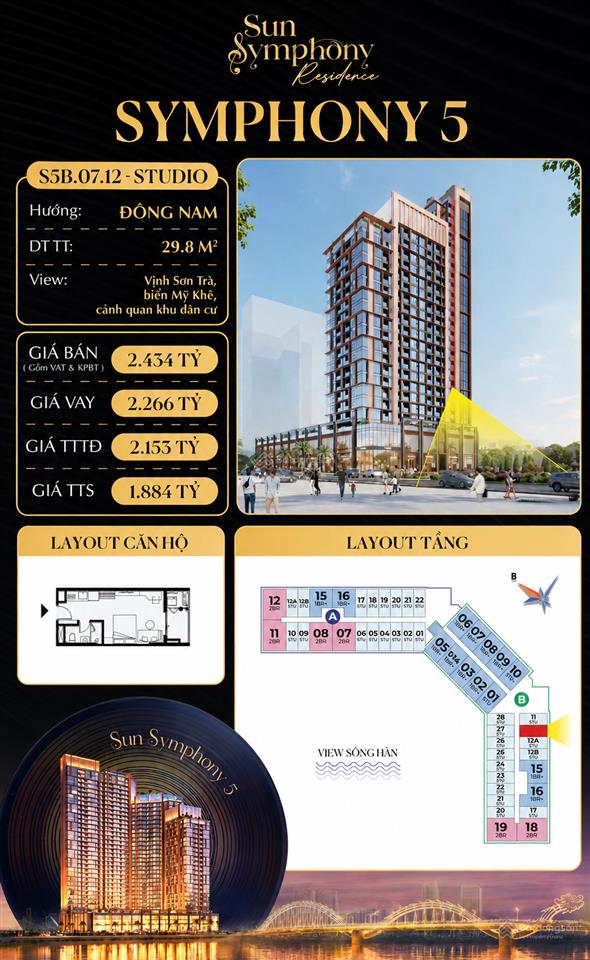 Studio view biển, phố sun symphony 5 s5b.07.12 chỉ 1.88 tỷ, cho thuê 1518 triệu/tháng