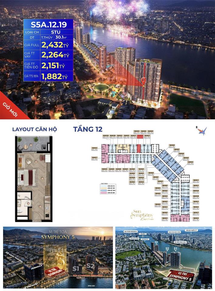 Studio view biển bán đảo sơn trà sun symphony 30,1m² tầng 12 chỉ 1,88 tỷ (ht vay 70%, miễn lãi 30t)