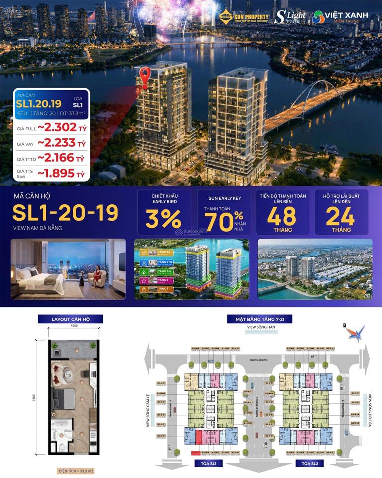 Hàng hiếm studio view nam đà nẵng slight tower sl12019 33.3m2 tts chỉ 1.895 tỷ