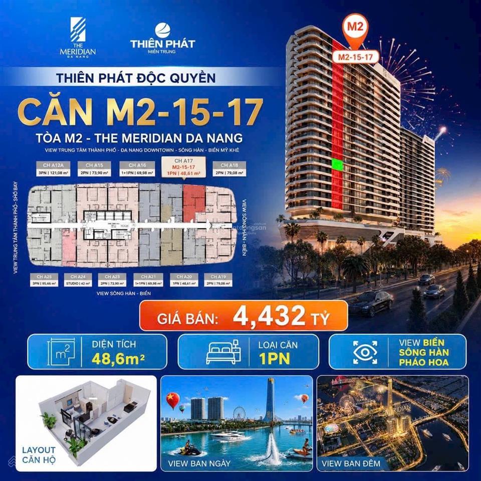 Căn 1pn+ the meridian 48,6m2 view pháo hoa diff, hỗ trợ vay 70%, miễn lãi vay 24 tháng