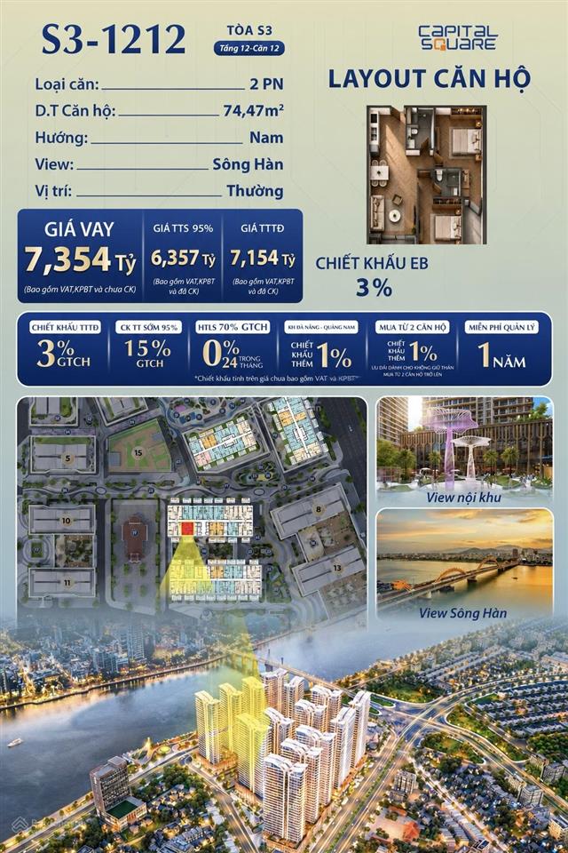 Căn 2pn view sông hàn capital square đà nẵng s31212 75m2 ck 15% hỗ trợ lãi suất 0% trong 24 tháng