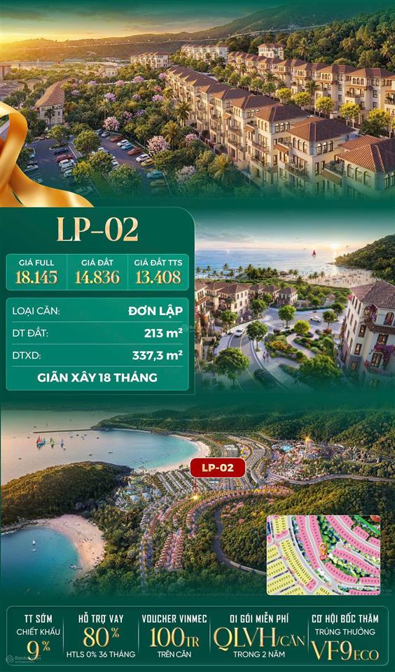 Biệt thự đơn lập góc lp02 lâm phong vin hải vân bay 213 m2 giãn xây 18 tháng giá full 18,15 tỷ