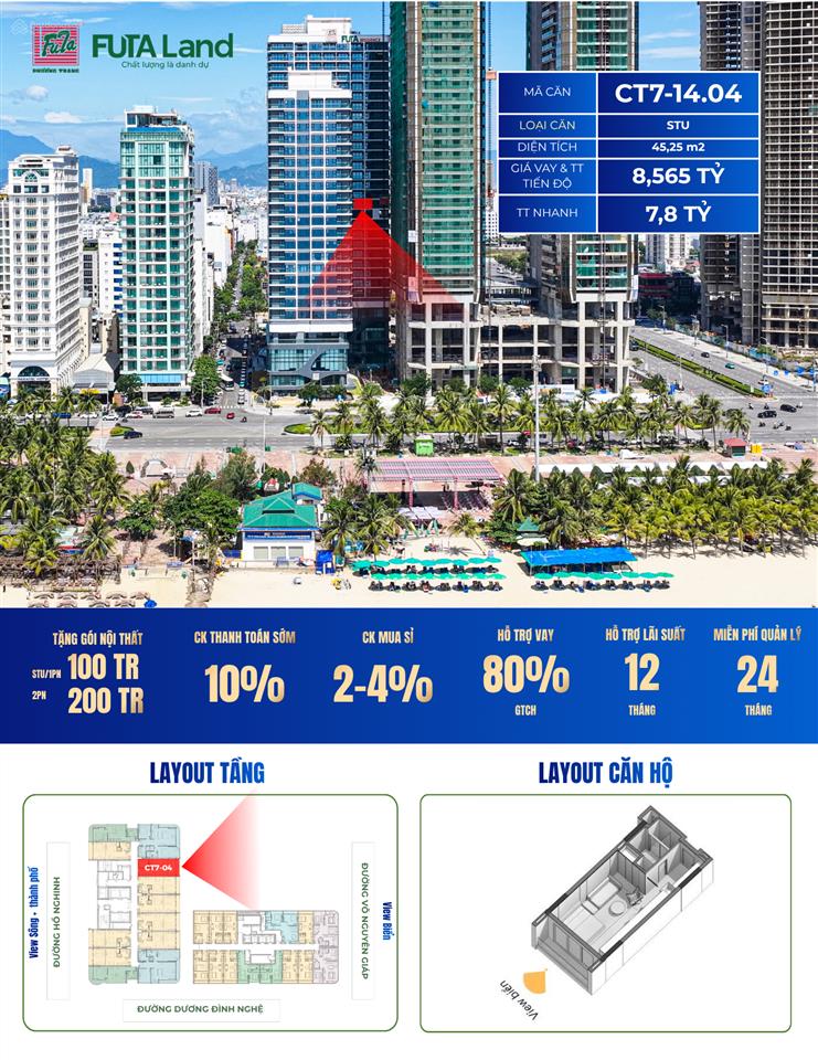 Siêu phẩm studio view biển times square đà nẵng 45,25 m² chỉ 7,8 tỷ hỗ trợ vay lãi suất 0% 12 tháng