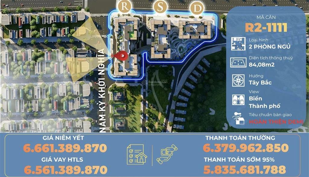 Căn 2pn tầng 11 view biển, phố tòa ruby 84,08m2 chiết khấu tiền mặt 100 triệu ht lãi 0% 18 tháng