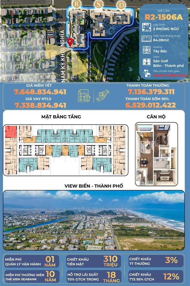Căn góc 3pn newtown diamond view biển,sân golf r2 1506a 84,08m² chiết khấu tiền mặt 310 triệu đồng