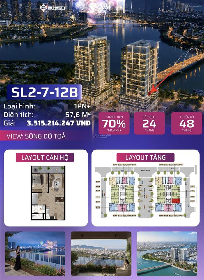 Căn 1pn+ view sông đảo kim cương slight tower sl2712b 57,6m² htls 24 th, giãn tiến độ 48 tháng