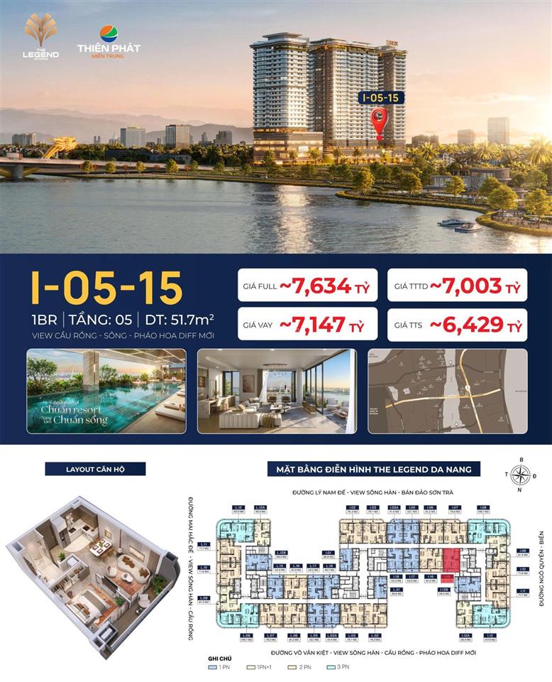 Căn 1pn view cầu rồng sông hàn the legend đà nẵng 51,7m2 tts 6,429 tỷ  htls 24 tháng