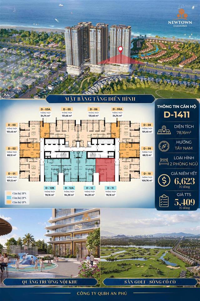 Căn hộ 2pn view sân golf newtown diamond chỉ 5,409 tỷ suất quà tặng 355 triệu