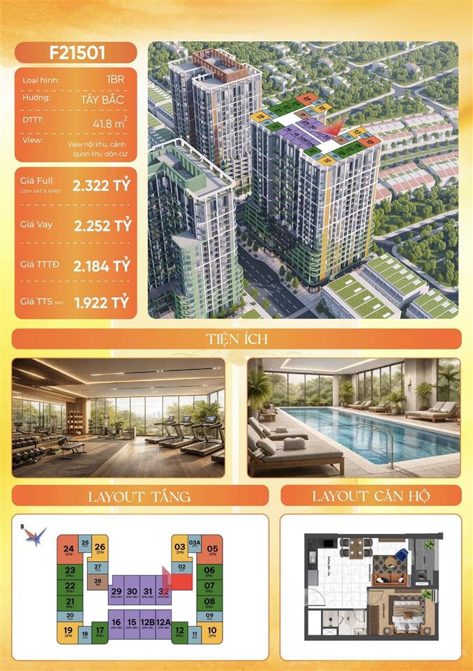 Căn 1pn giá hời bảng hàng f21501 four tower 1,922 tỷ 41,8 m2, ck 19%, ht vay 70%, miễn lãi 24 tháng