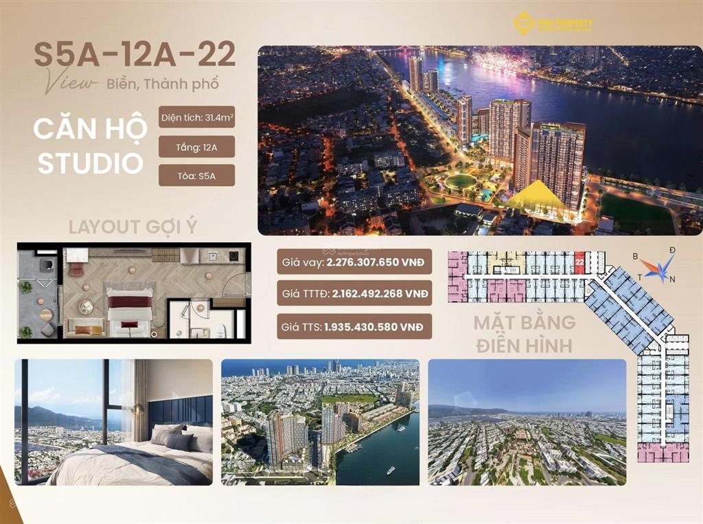 Studio sun symphony 5  30,1m2 view biển , thanh toán sớm chỉ 1,93 tỷ  tặng gói nội thất 140 triệu