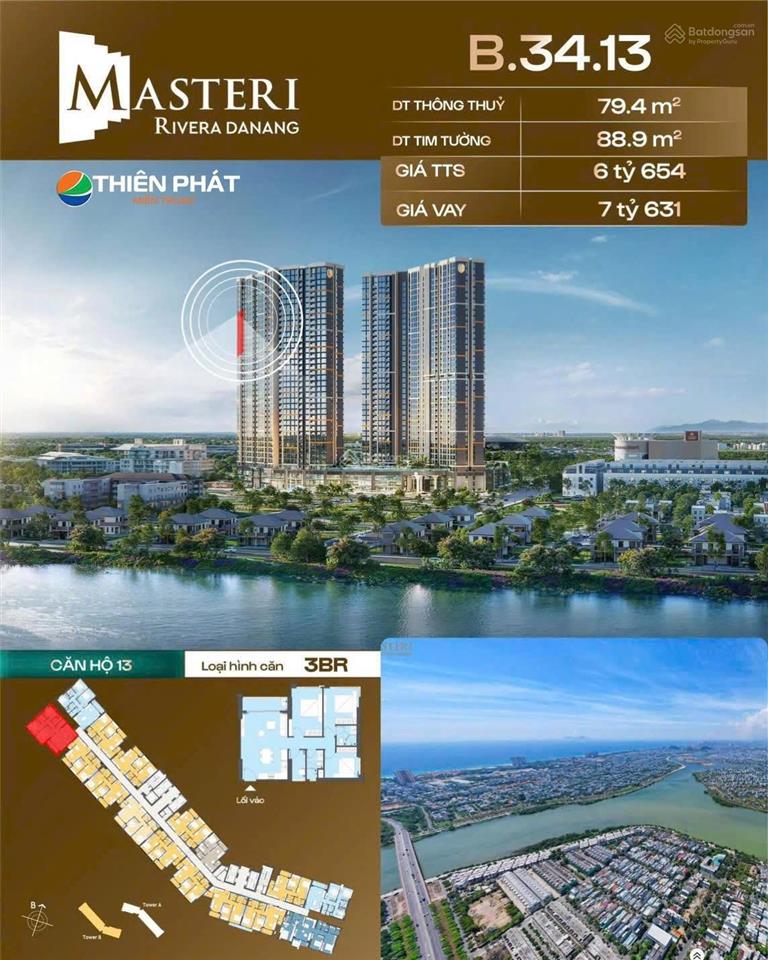 Masteri rivera danang căn 3pn đẹp, nhận nhà tháng 11  dt 79,4 m2 6,65 tỷ