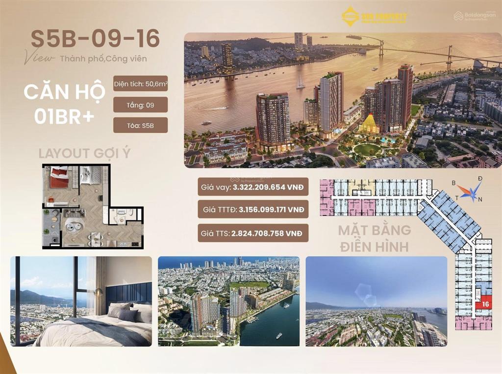 Căn hộ 1pn+ s5b0916 sun symphony view thành phố, công viên chỉ 2,82 tỷ, dt 50,6m2