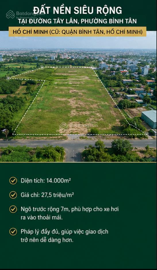 Bán đất tại tây lân, bình trị đông a, bình tân, 370 tỷ, 13.276m2, chính chủ giá tốt