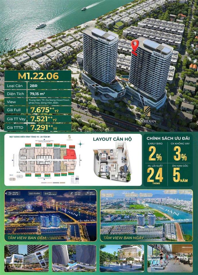 Căn góc 2 pn tầng cao the meridian view trực diện sông hàn, pháo hoa quốc tế, biển mỹ khê