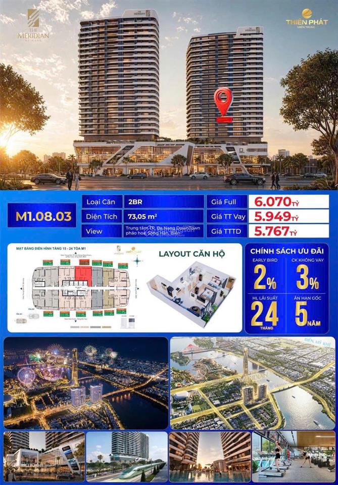 Bán căn 2pn tầng trung the meridian, giá thanh toán tiến độ 5 tỷ 7, view da nang downtown, sông hàn