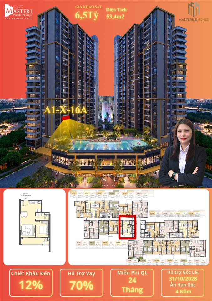 Căn hộ 1pn rẻ nhất dự án mpp  a1.x.6a view hồ bơi giá 6,5 tỷ, miễn gốc lãi 34 năm