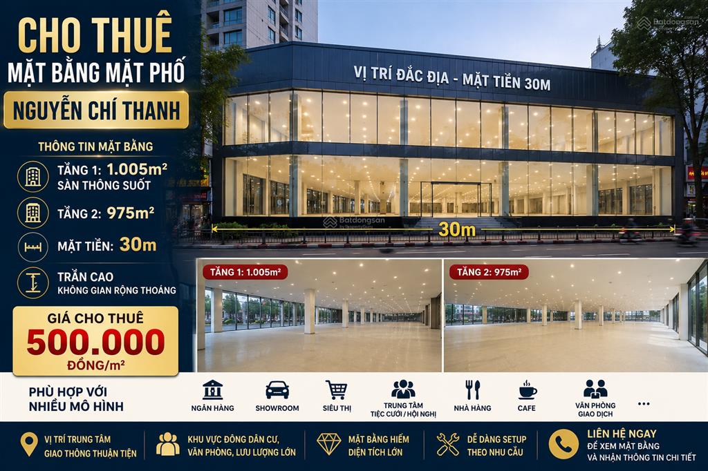 Cho thuê mặt bằng mp nguyễn chí thanh, dt 1980m2, mt 30m, gồm 2 tầng. 0984 072 ***