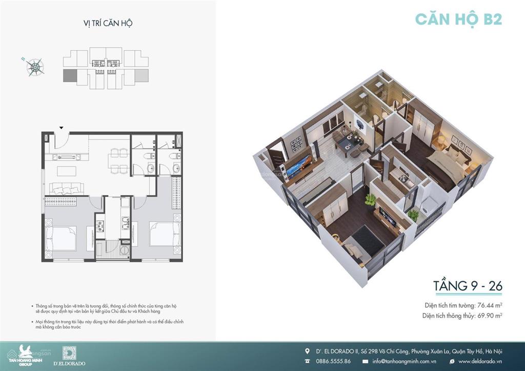 Bán căn hộ view đẹp tại d’. el dorado, 7,6 tỷ, 70m2, 2pn, 2wc, phú thượng, tây hồ
