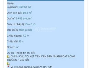 Bán gấp lô đất giá rẻ nguyễn duy trinh q9 gần chợ long trường dt 50.4m2 giá 2.99tỷ đã có sổ
