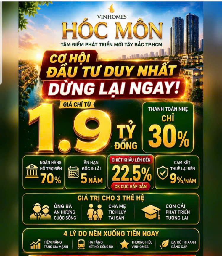 CHỈ CÓ TẠI VINHOMES HÓC MÔN – CƠ HỘI SỞ HỮU ĐẠI ĐÔ THỊ ĐẲNG CẤP.