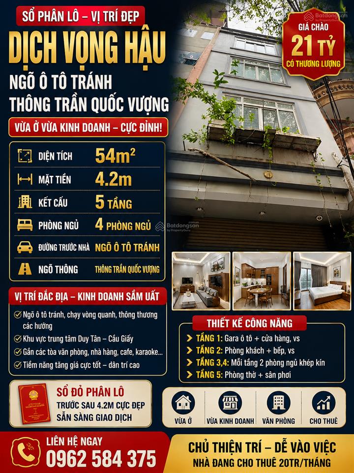 Dịch vọng hậu  trần quốc vượng, cầu giấy  ô tô tránh  kinh doanh đỉnh 54m2 giá 21 tỷ