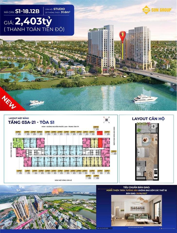 Duy nhất căn spana tower, 2,4 tỷ, 31m2, tầng 18 view sông, thanh toán tiến độ nhẹ nhàng