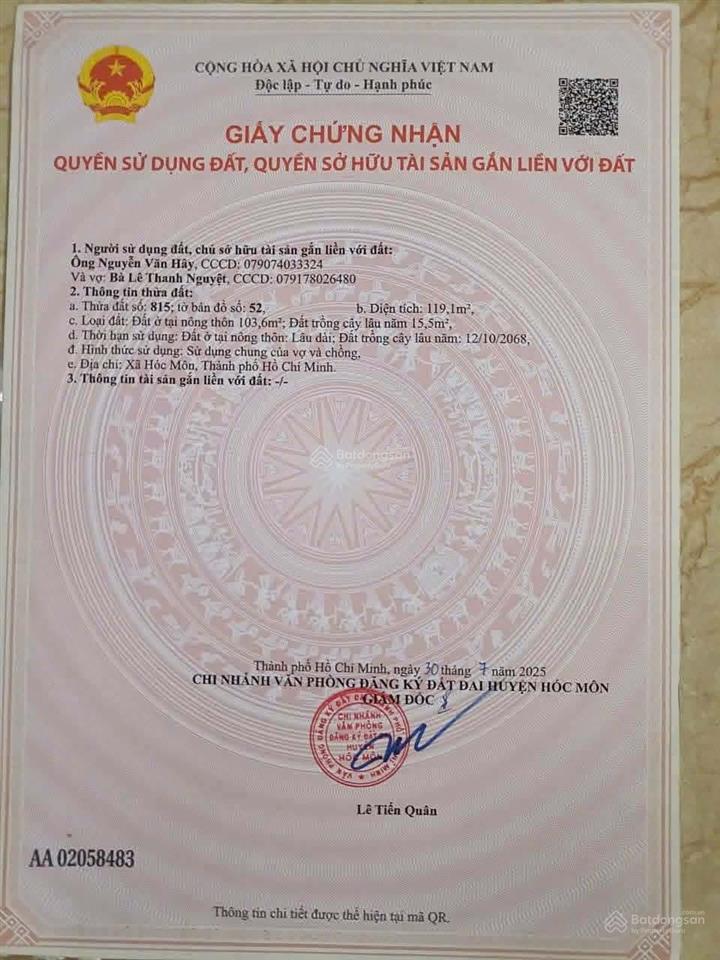 Bán đất tân hiệp 30 hóc môn, 119,1m ngang 5m, hẻm ô tô 6m, thổ cư 103,6m, giá 3,3 tỷ