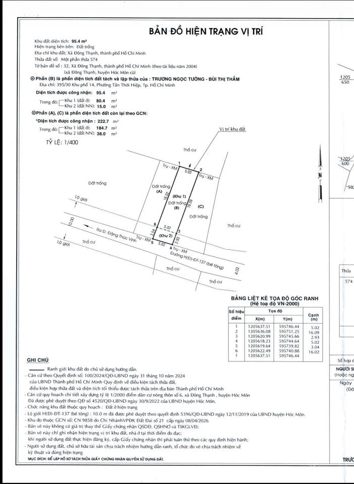 Bán đất đặng thúc vịnh, đông thạnh, hóc môn, shr, hẻm 5m, 95m2 chỉ 2,85 tỷ