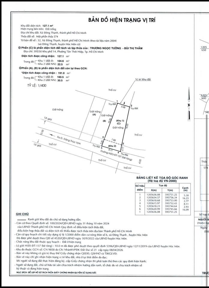 Bán đất đặng thúc vịnh, đông thạnh, hóc môn, shr, hẻm 5m, 95m2 chỉ 2,85 tỷ