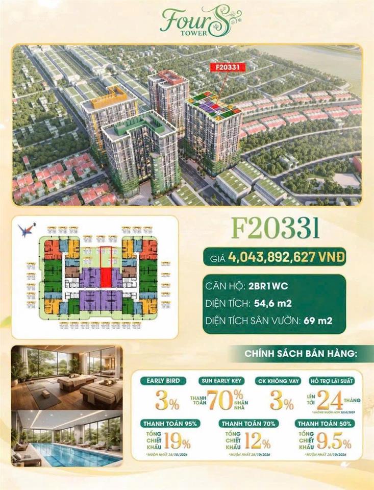 F2 fours tower căn hộ 2pn sân vườn, chỉ 27,4 triệu/m!