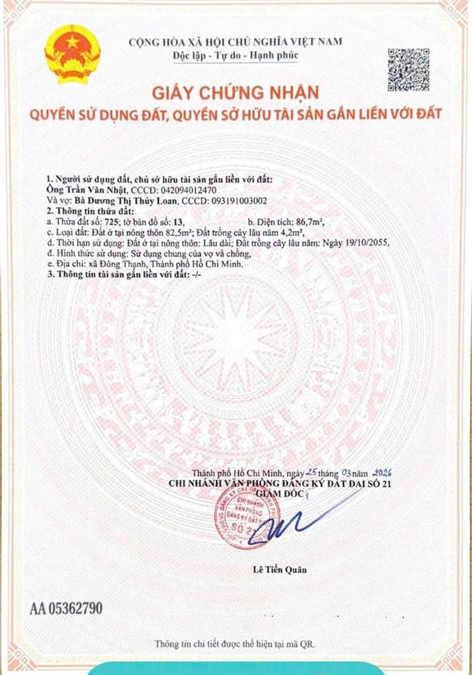Bán đất bùi công trừng  đông thạnh  hóc môn  5x17m  giá 2.55 tỷ